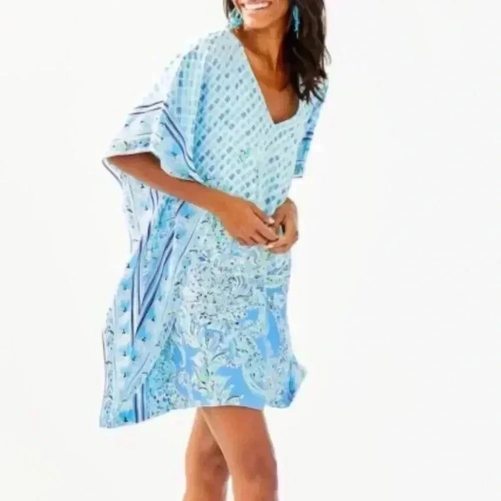 NWT Lilly Pulitzer LindaMarie silk Caftan Bondi Blue scuba doo engineered XS